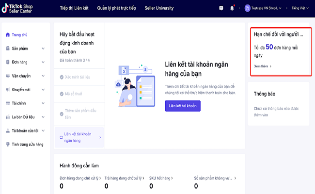 Giới hạn đơn hàng TikTok Shop với cửa hàng mới