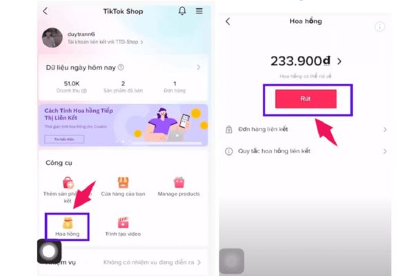 rút hoa hồng tiếp thị liên kết tiktok shop 