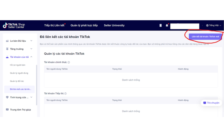 Chọn phần “liên kết tài khoản TikTok mới”