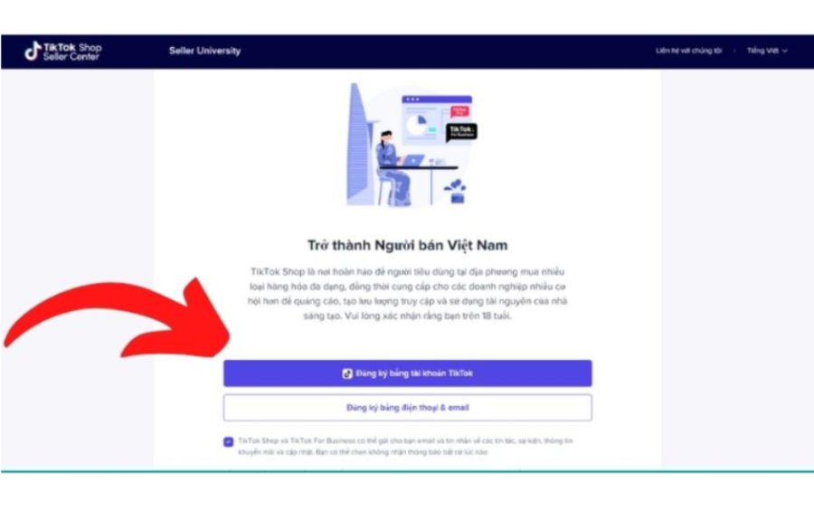 Đăng ký, hoặc là đăng nhập vào tài khoản TikTok Shop