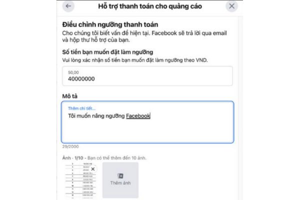 ngưỡng thanh toán Facebook