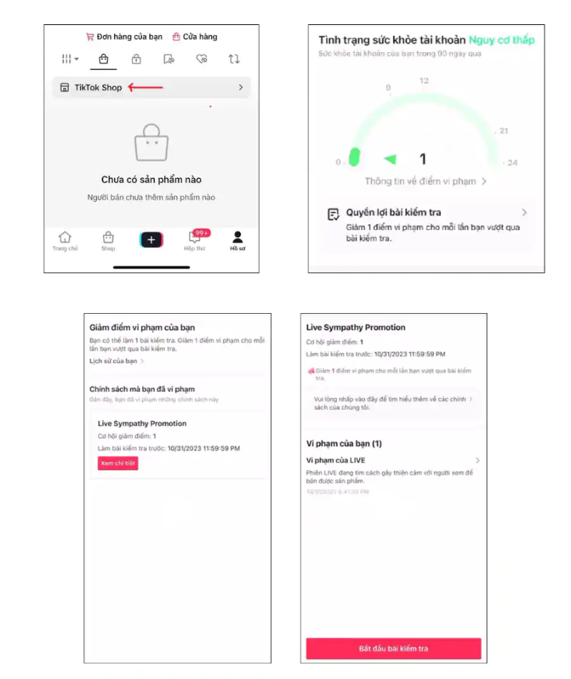 Kiểm tra điểm vi phạm TikTok Shop trên điện thoại