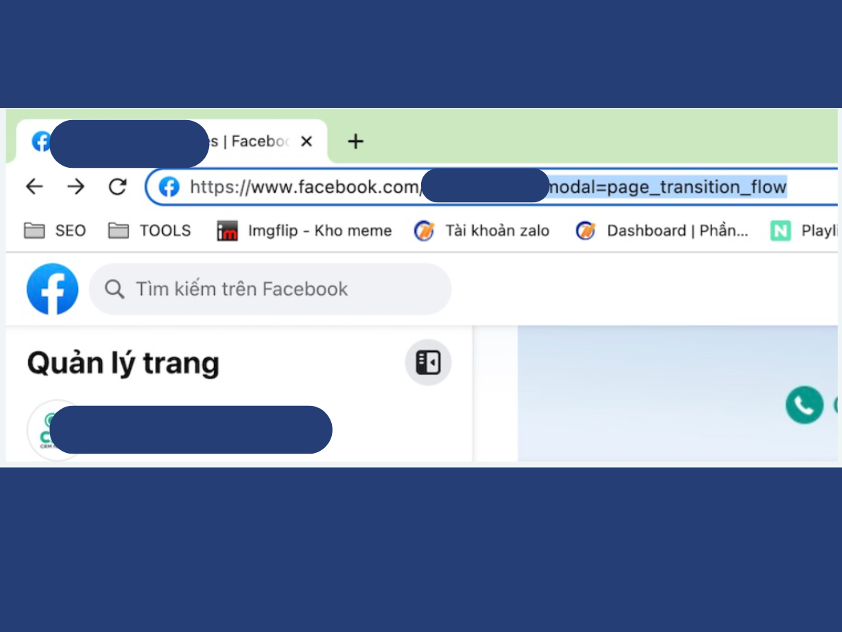 Nhập thêm đoạn text “?modal=page_transition_flow” vào đường link truy cập Fanpage 