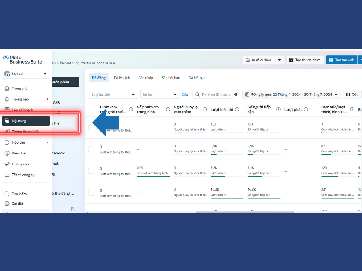 Truy cập vào mục “Nội dung” để theo dõi những thông số chi tiết liên quan đến bài đăng