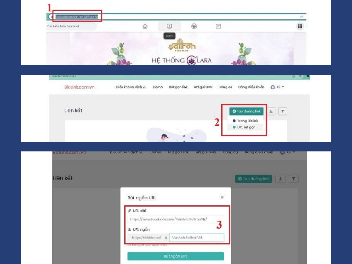 Sao chép đường dẫn liên kết đến trang Facebook rồi chọn “Tạo đường liên kết” trong liên kết sinh học giao diện và gắn URL Facebook vào mục “URL dài” vào ô “Rút ngắn URL”