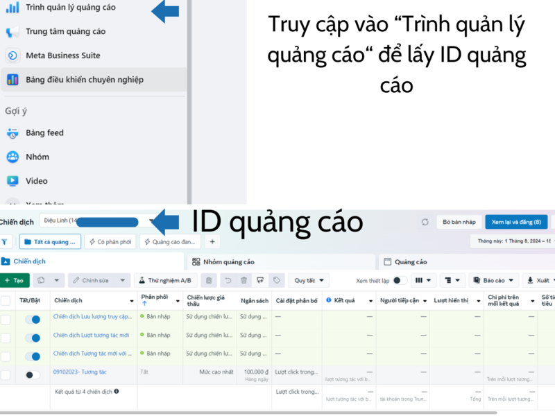 Truy cập “Trình quản lý quảng cáo” để lấy ID tài khoản quảng cáo