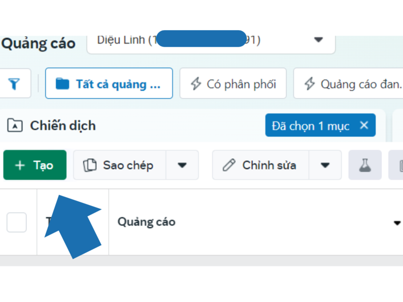 Trong “Trình quản lý quảng cáo”, tiến hành tạo quảng cáo bằng cách nhấn nút “Tạo”