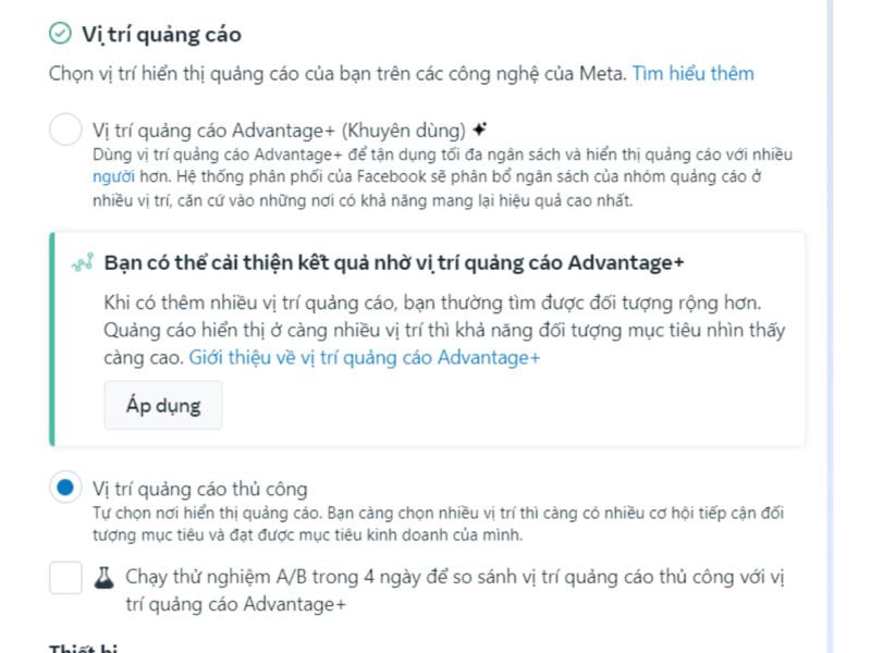 Chọn vị trí hiển thị cho Facebook Ads của bạn