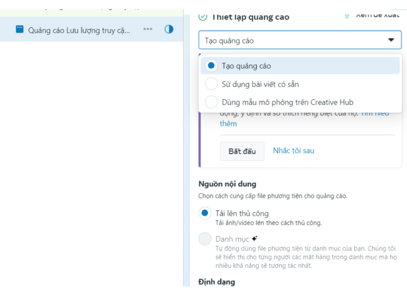 Bạn có thể sử dụng bài viết có sẵn hoặc tạo bài viết mới để chạy quảng cáo