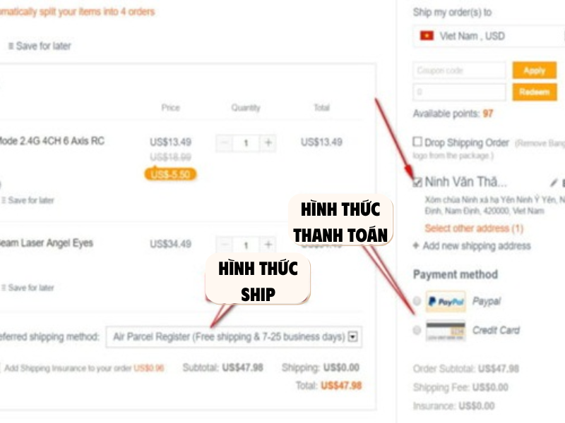 Lựa chọn hình thức phù hợp để thanh toán, vận chuyển đơn hàng