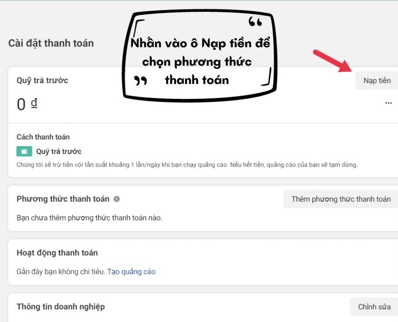 Hướng dẫn thiết lập thanh toán quảng cáo Facebook trả trước
