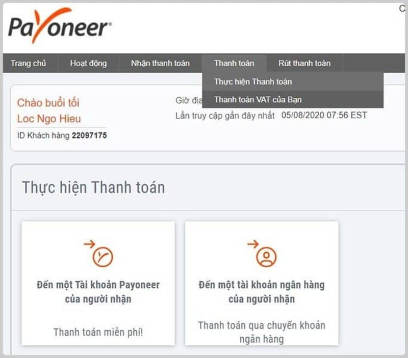 Cách chuyển tiền giữa các tài khoản Payoneer trên website