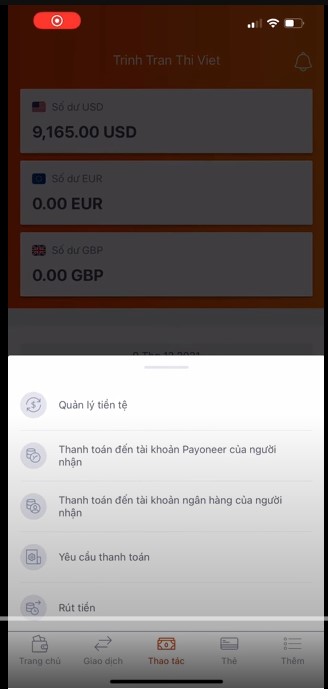 Cách chuyển tiền giữa các tài khoản Payoneer trên điện thoại