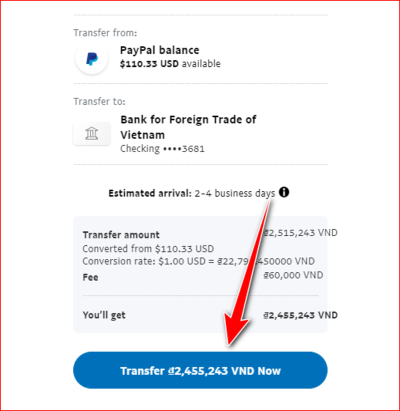 Chi phí rút tiền Paypal về ngân hàng nội địa