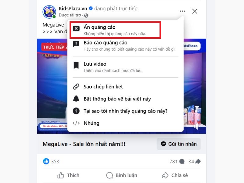 tắt quảng cáo trên fanpage