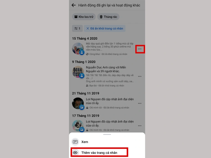Chọn biểu tượng 3 chấm cạnh bài viết và chọn mục “Thêm vào trang cá nhân”